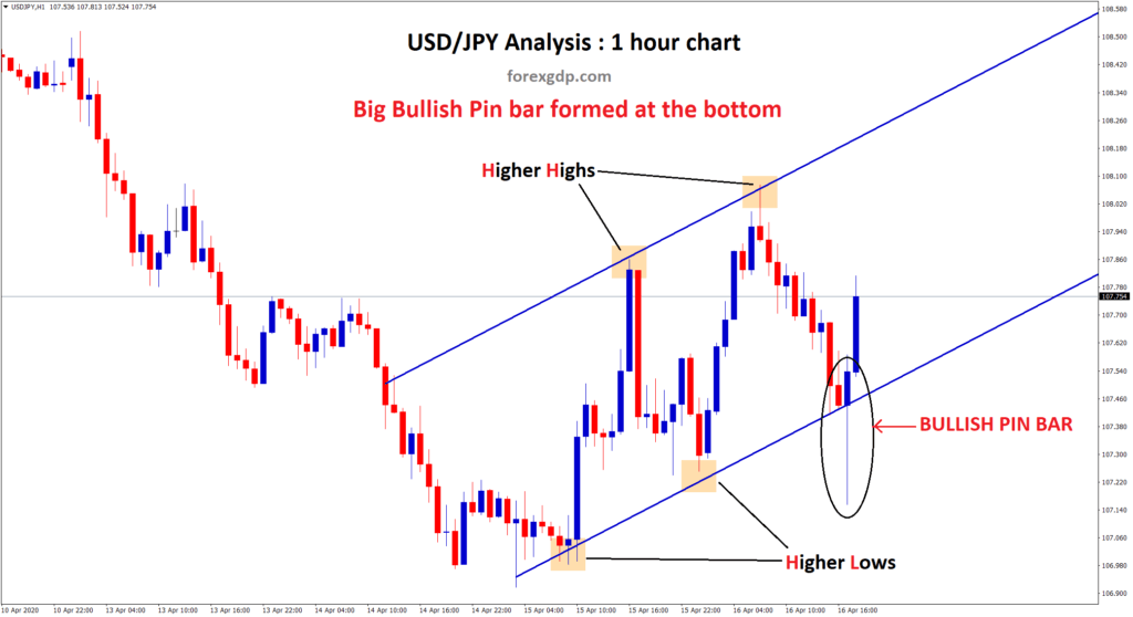 Bullish Pin Bar shows reversal in forex usdjpy 1 hour chart