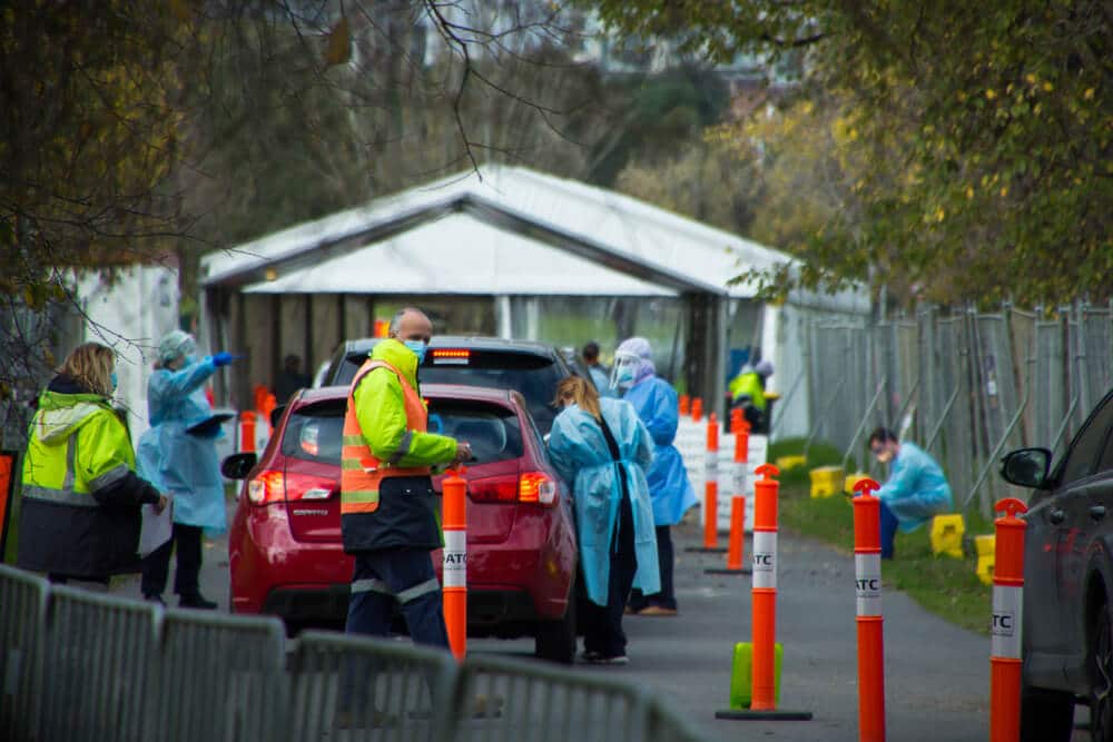 AustraliaVictoria Doctors and nurses wearing full PPE test for covid19 at outdoor drive through covid testing site in Albert Park during fourth covid 19 lockdown