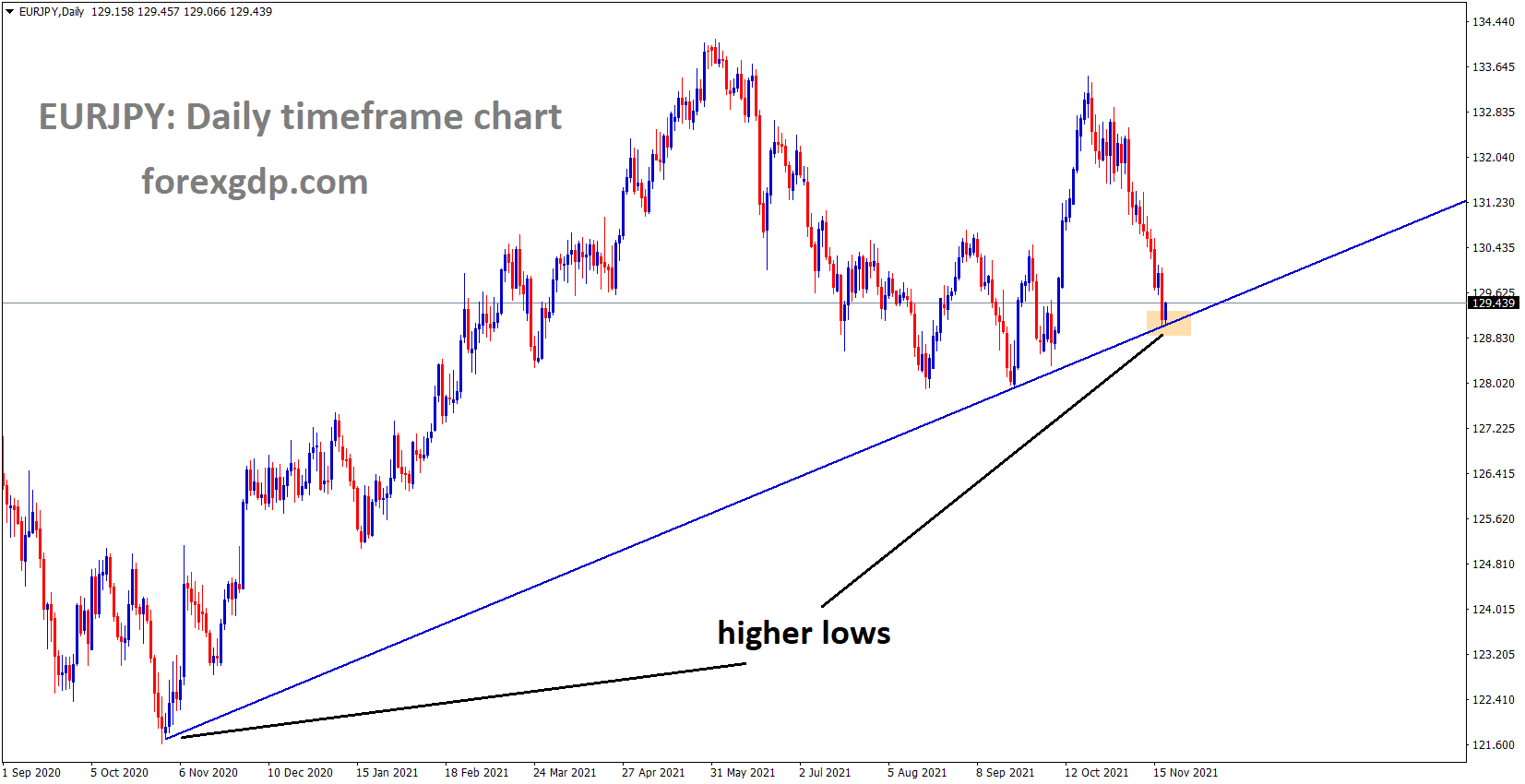 EURJPY is moving in the Bullish trendline and the market has reached the higher low area of the trendline