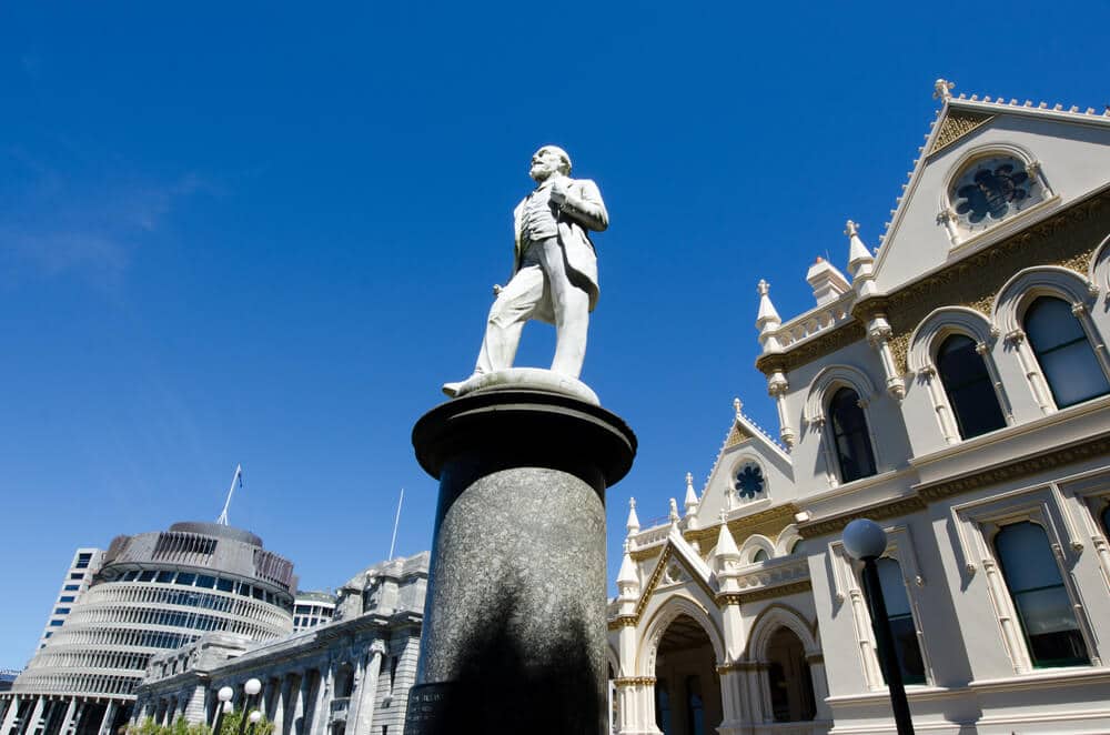 New Zealand Parliamentary Library with the memorial statue of John Ballance