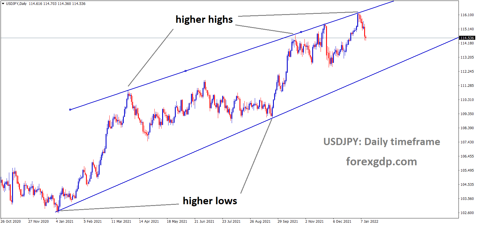 USDJPY is moving in an ascending channel and the market has fallen from the higher high area of the channel