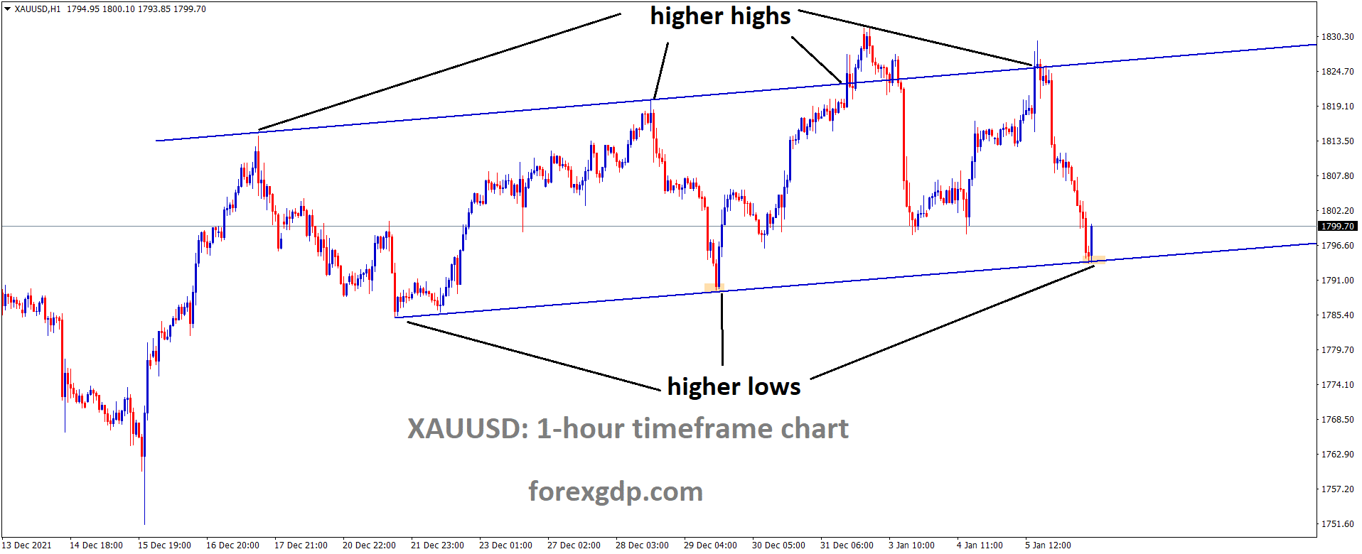 XAUUSD Gold price is moving in an Ascending channel and has rebounded from the higher low area of the ascending channel.