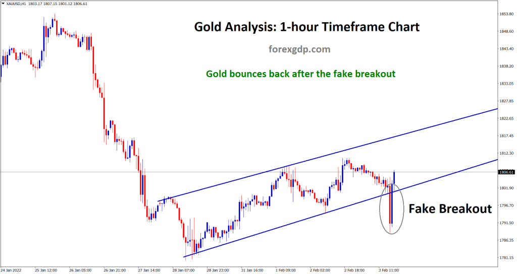 Gold bounces back after the fake breakout in the 1 hour timeframe chart