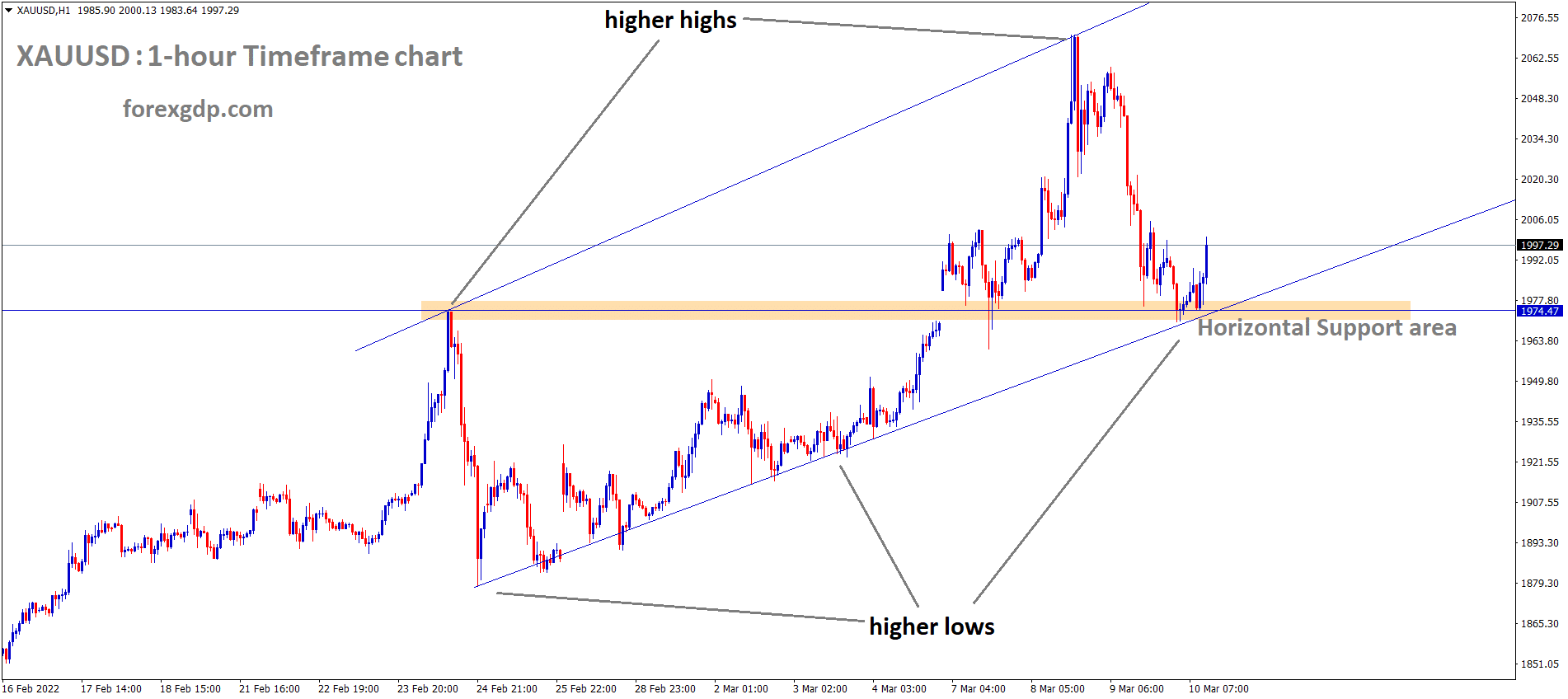 XAUUSD Gold price is moving in an Ascending channel and the market has rebounded from the higher low and Horizontal Support area of the Ascending channel
