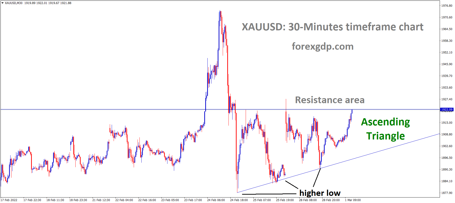 XAUUSD Gold price is moving in an ascending triangle pattern and the market has reached the Horizontal Resistance area of the pattern.