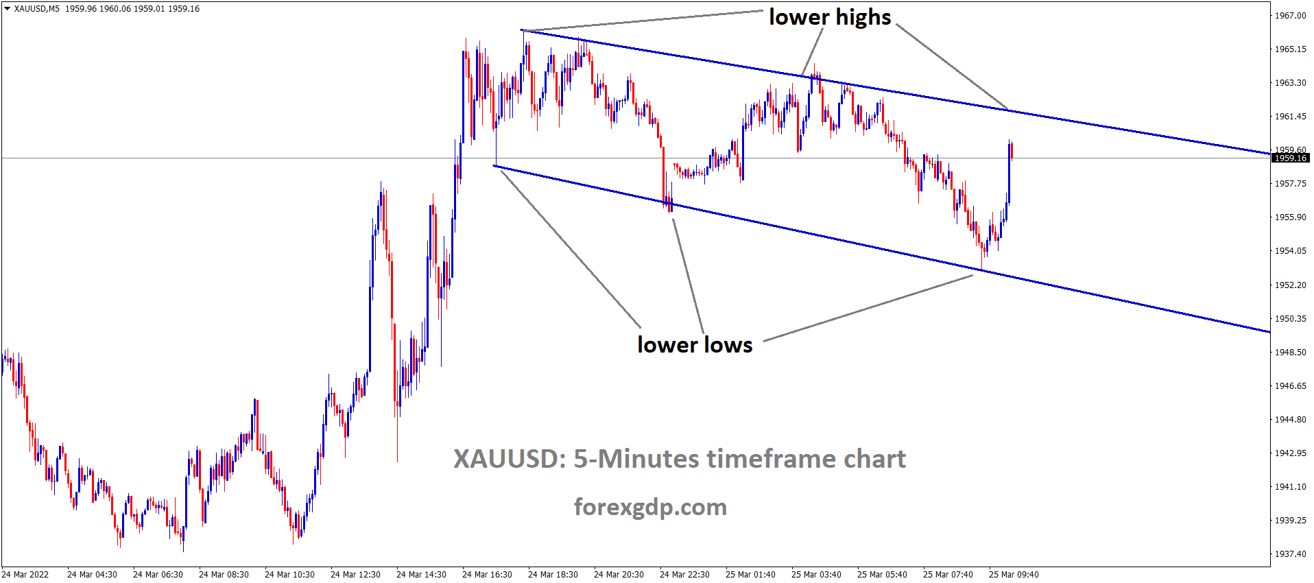 XAUUSD M5 Market is moving in the Descending channel and the market has reached the lower high area of the Descending channel.