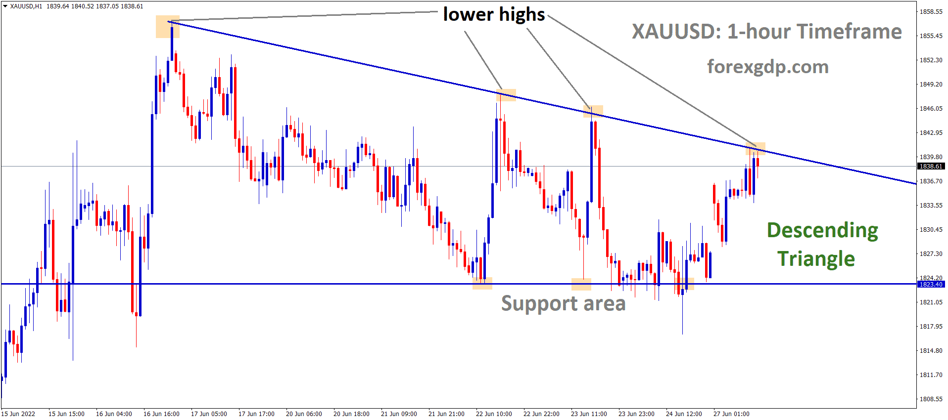 XAUUSD Gold price is moving in the Descending triangle pattern and the Market has reached the Lower high area of the Pattern.