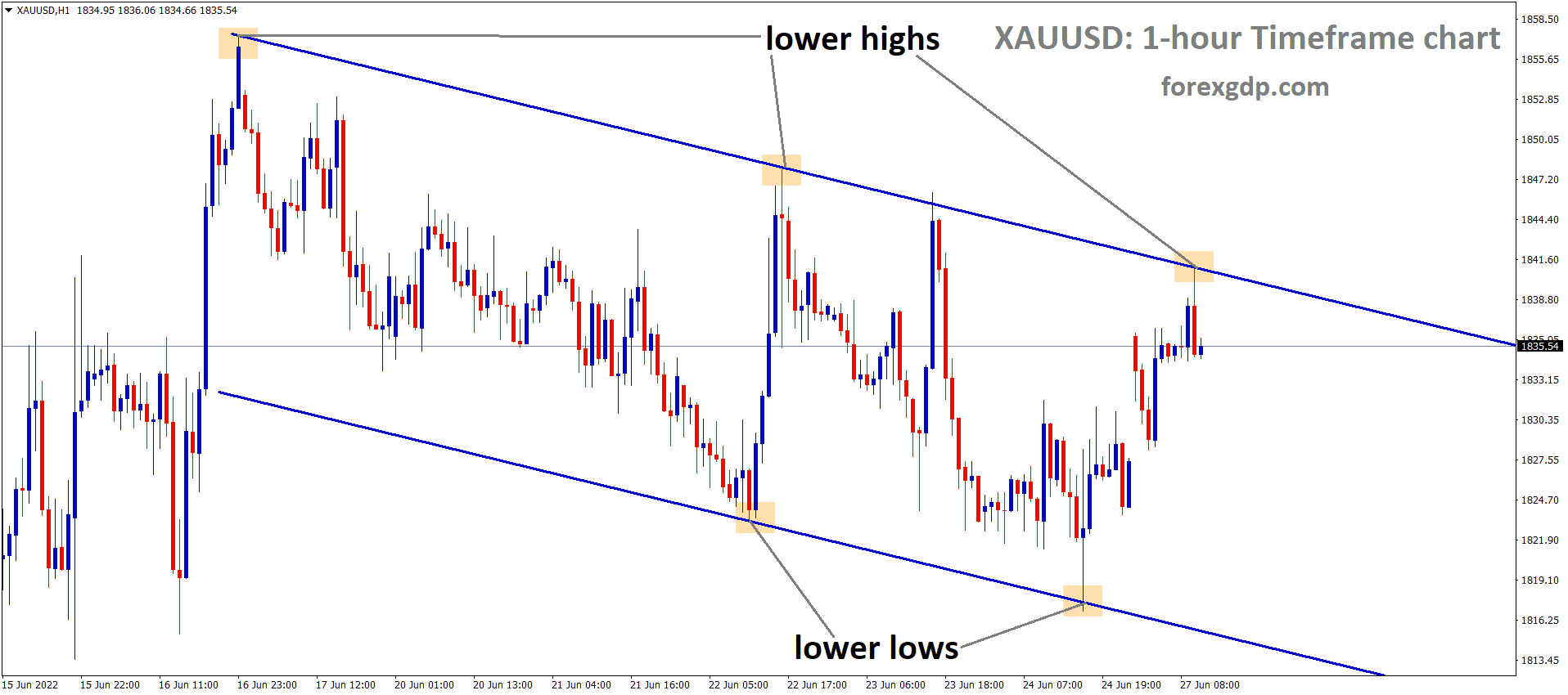 XAUUSD H1 Time Frame Analysis Market is moving in the Descending channel and the Market has reached the Lower high area of the channel