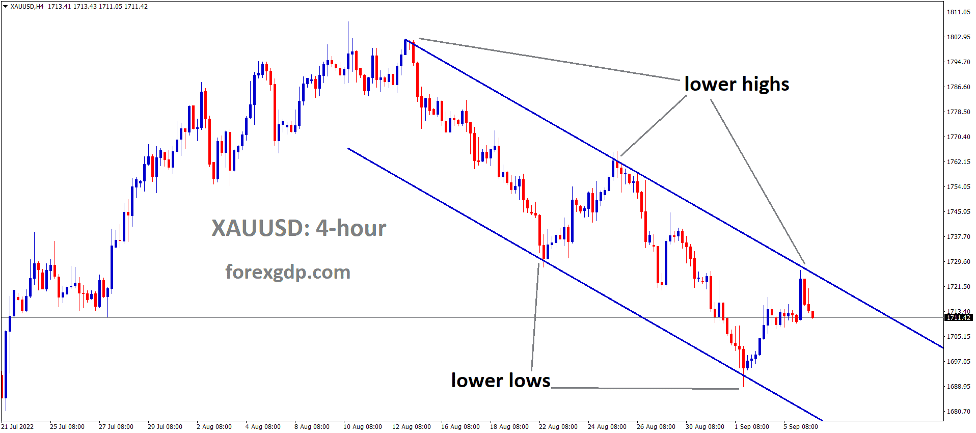 XAUUSD Gold price is moving in the Descending channel and the market has fallen from the lower high area of the channel 1