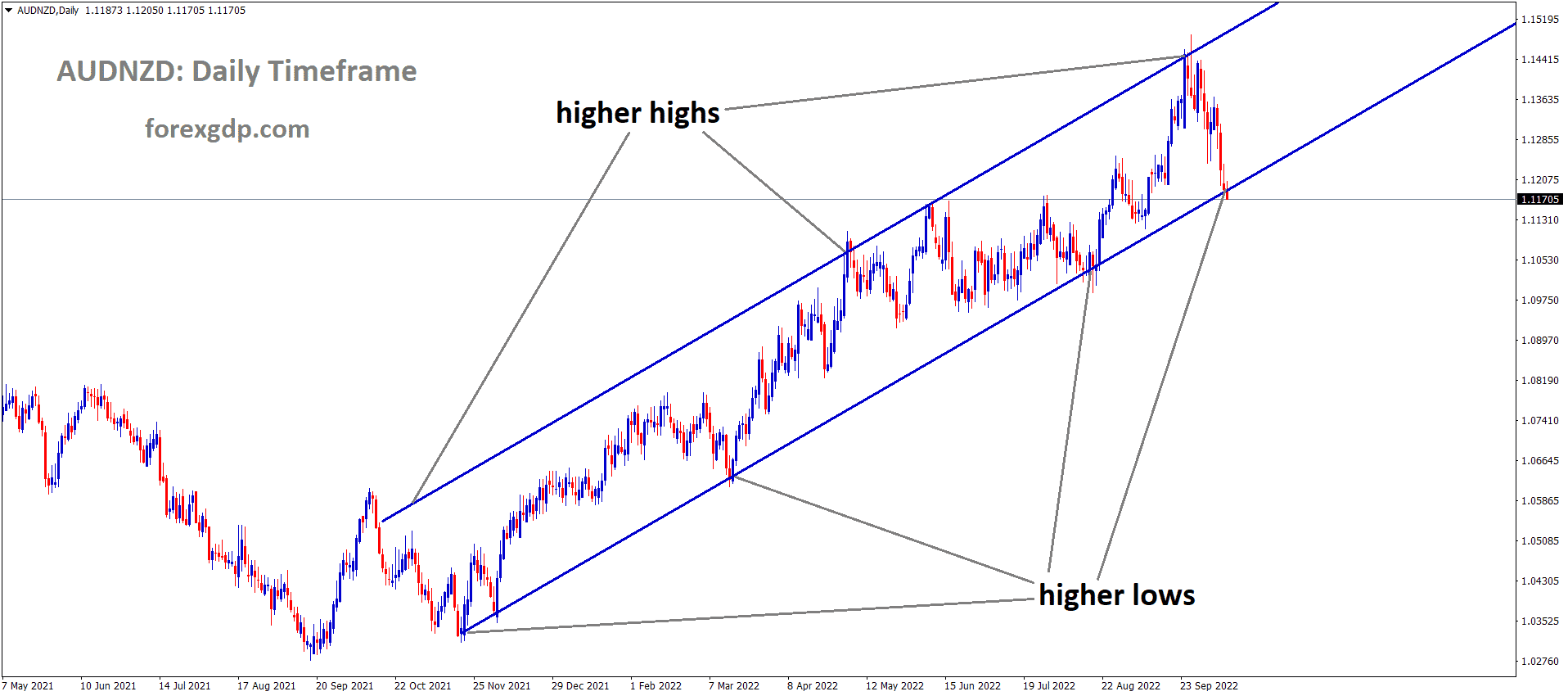 AUDNZD is moving in an Ascending channel and the market has reached the higher low area of the channel 1