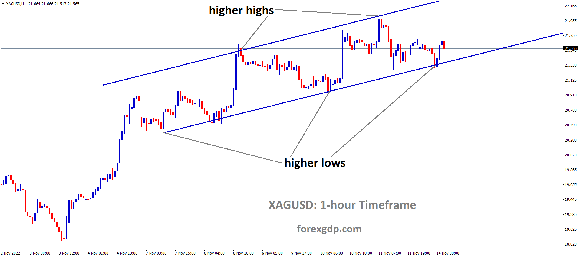 XAGUSD Silver Price is moving in an Ascending channel and the market has rebounded from the higher low area of the channel