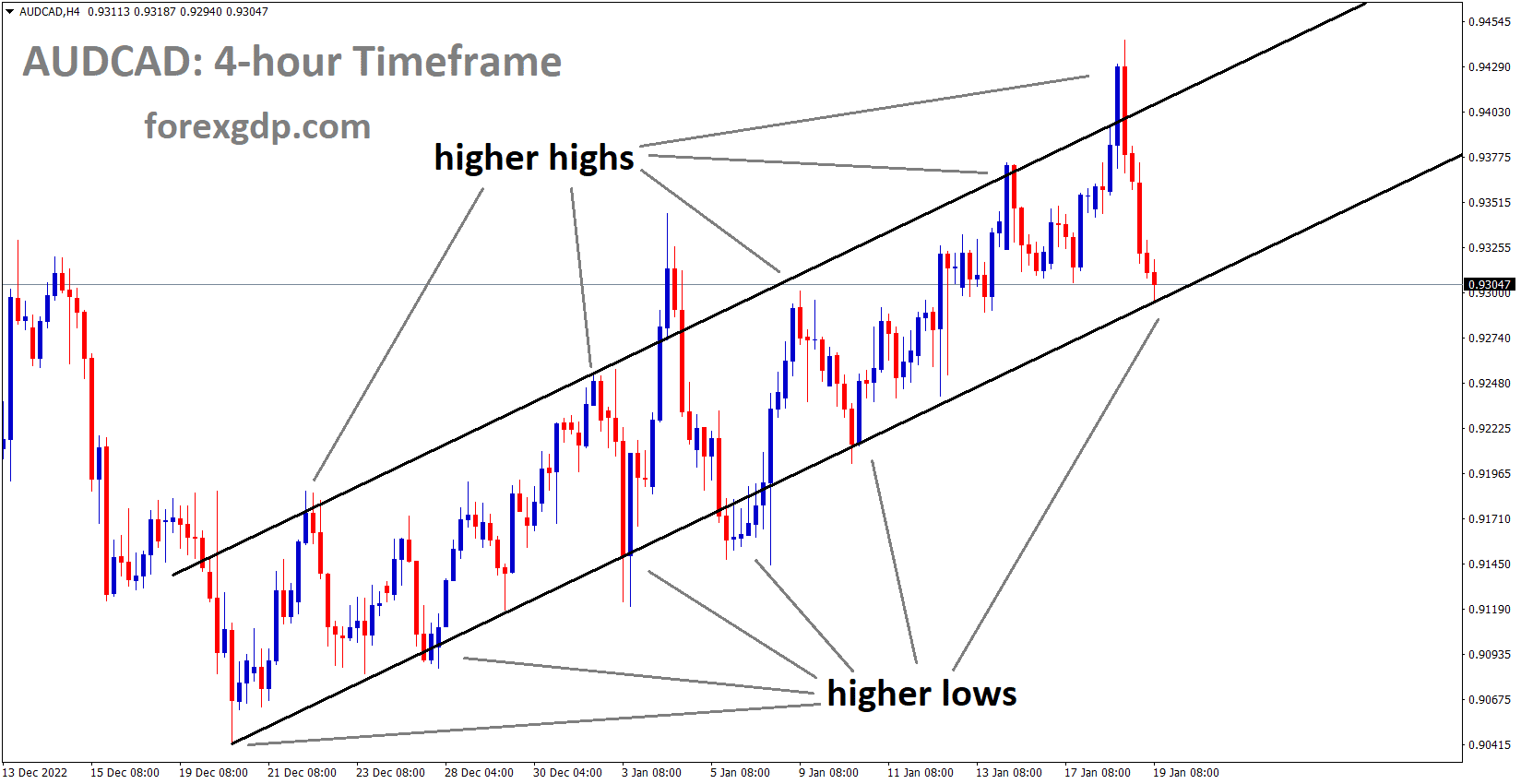 AUDCAD is moving in an ascending channel and the market has reached the higher low area of the channel
