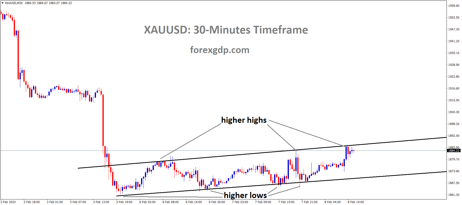 XAUUSD Gold Price is moving in an Ascending channel and the market has reached the higher high area of the channel