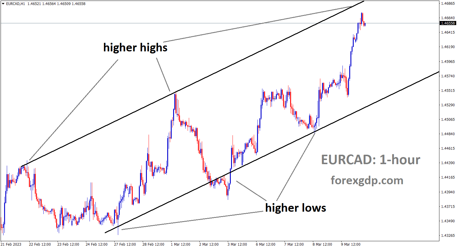 EURCAD is moving in a ascending channel and the market has reached the high high area of the channel.