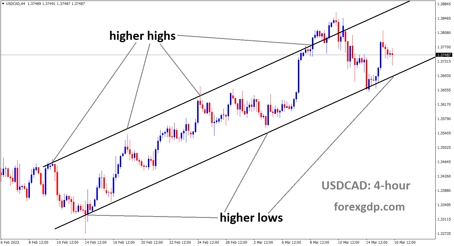 USDCAD is moving an Ascending channel and the market has reached the higher low area of the channel.