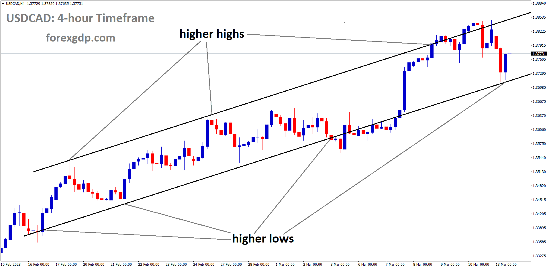 USDCAD is moving an Ascending channel and the market has rebounded from the higher low area of the channel.