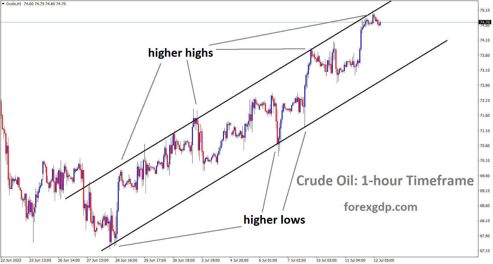 Crude H1 TF analysis Market is moving in an Ascending channel and the market has reached the higher high area of the channel