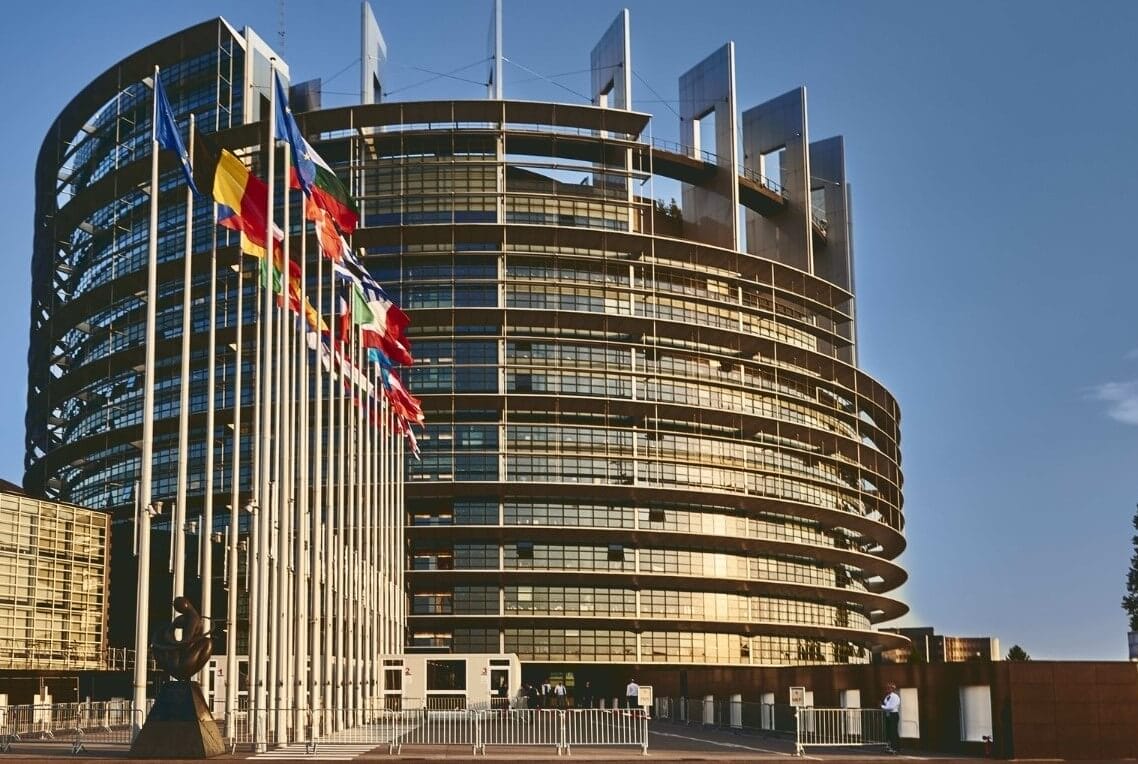 ecb european parliament building strasbourg france with clear blue sky background