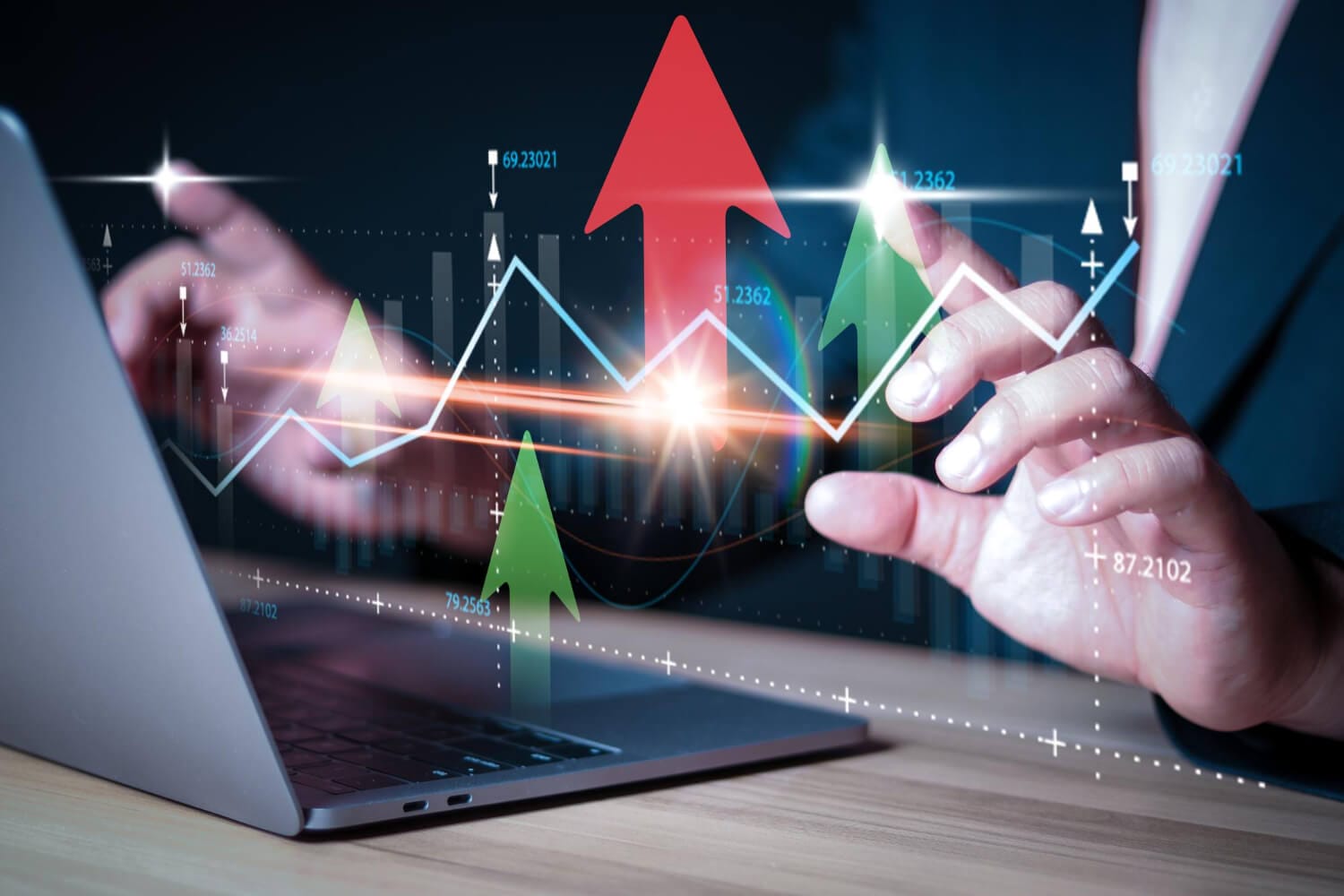 businessman touching chart laptop analyzing sales data economic growth graph chart financial stock market banking dark background (1) (1)