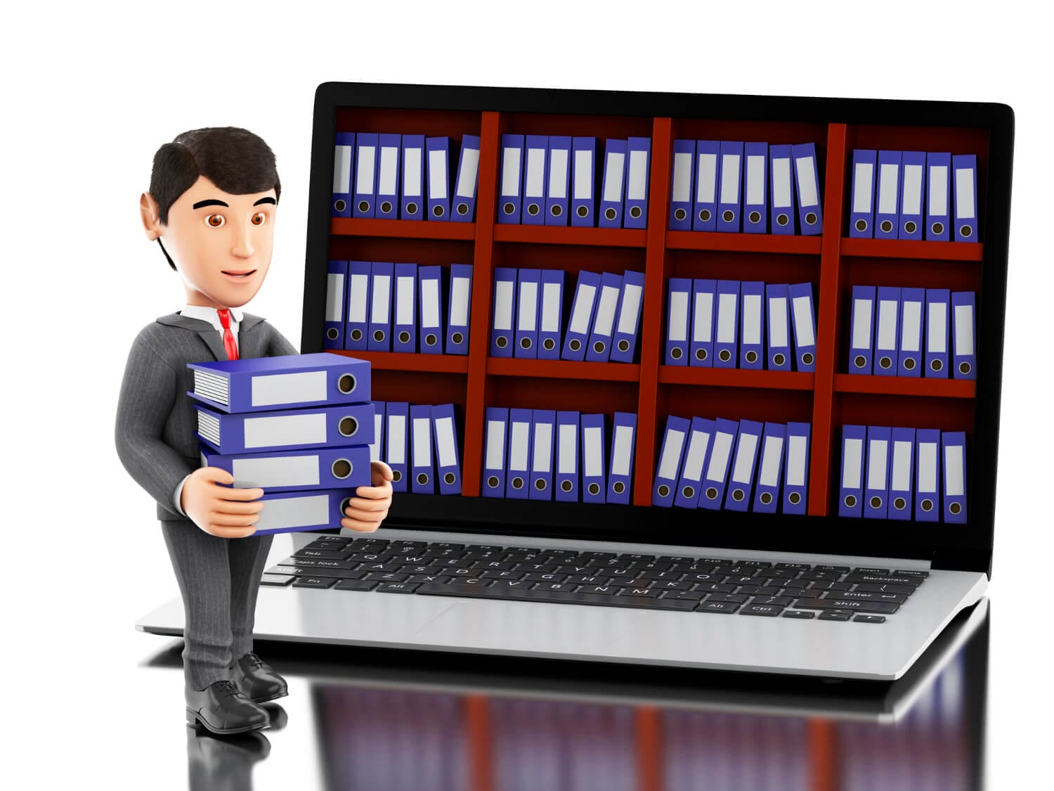 3d businessman with laptop pile folders (1)