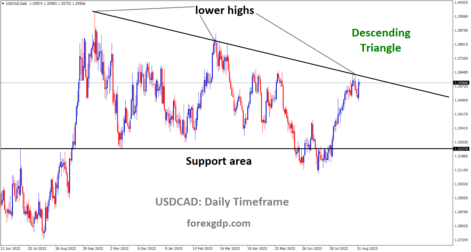 USDCAD is moving in the Descending triangle pattern and the market has reached the lower high area of the pattern