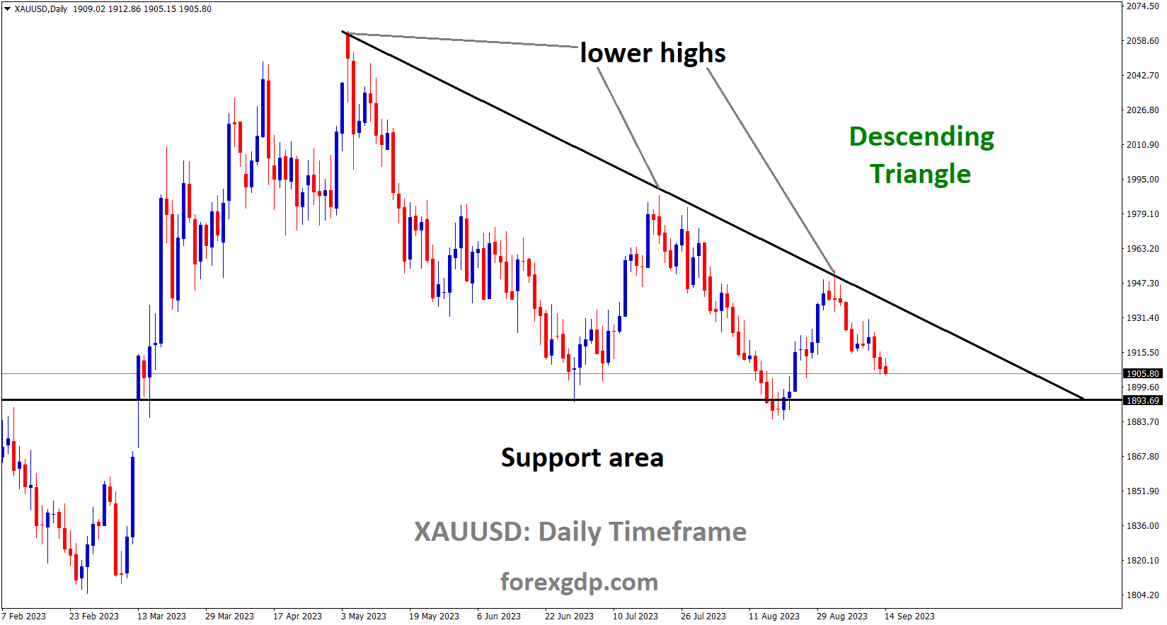 XAUUSD Gold price is moving in the Descending triangle pattern and the market has fallen from the lower high area of the pattern