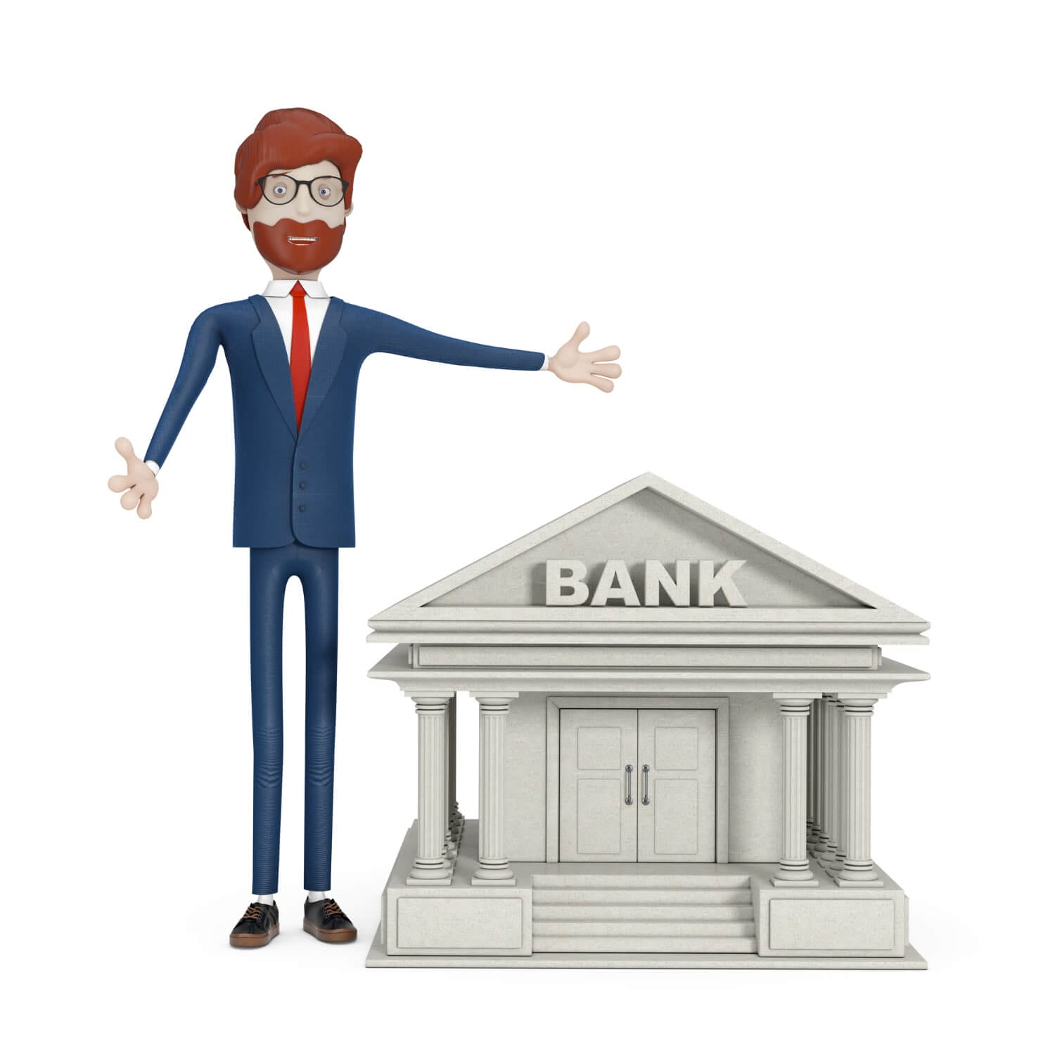 banking concept cartoon character businessman near bank building white background 3d rendering (1)