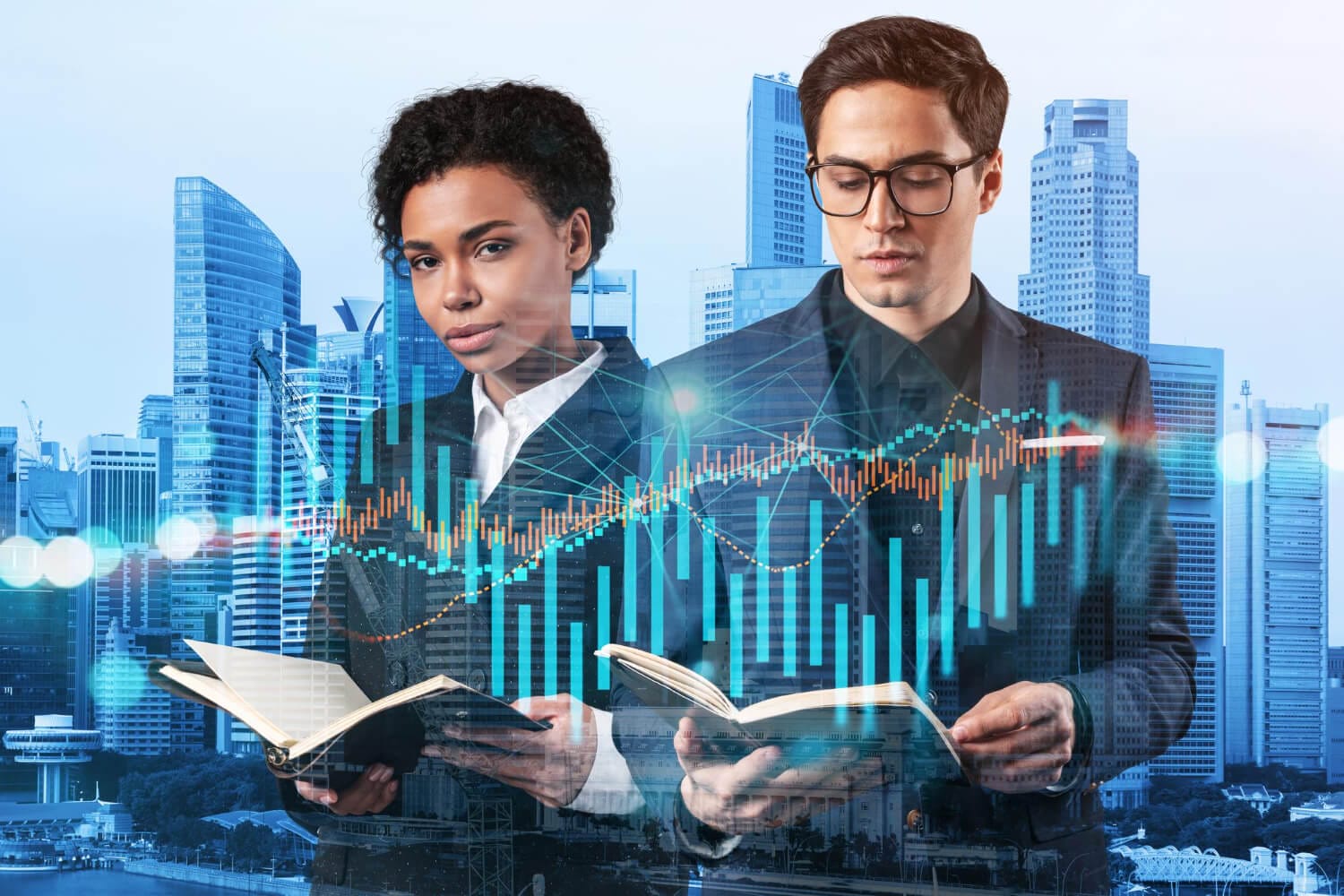two colleagues multinational corporate team working forecasting trading corporate strategy fund forex chart singapore background double exposure (1)
