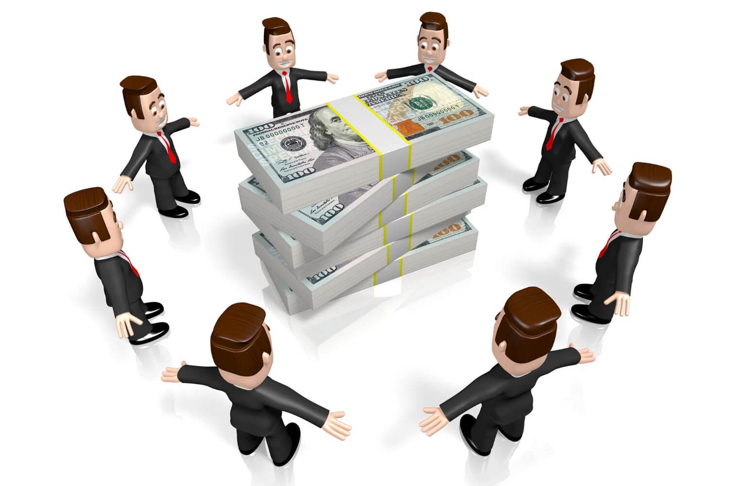 cartoon businessmen stacked money 3d illustration (1)