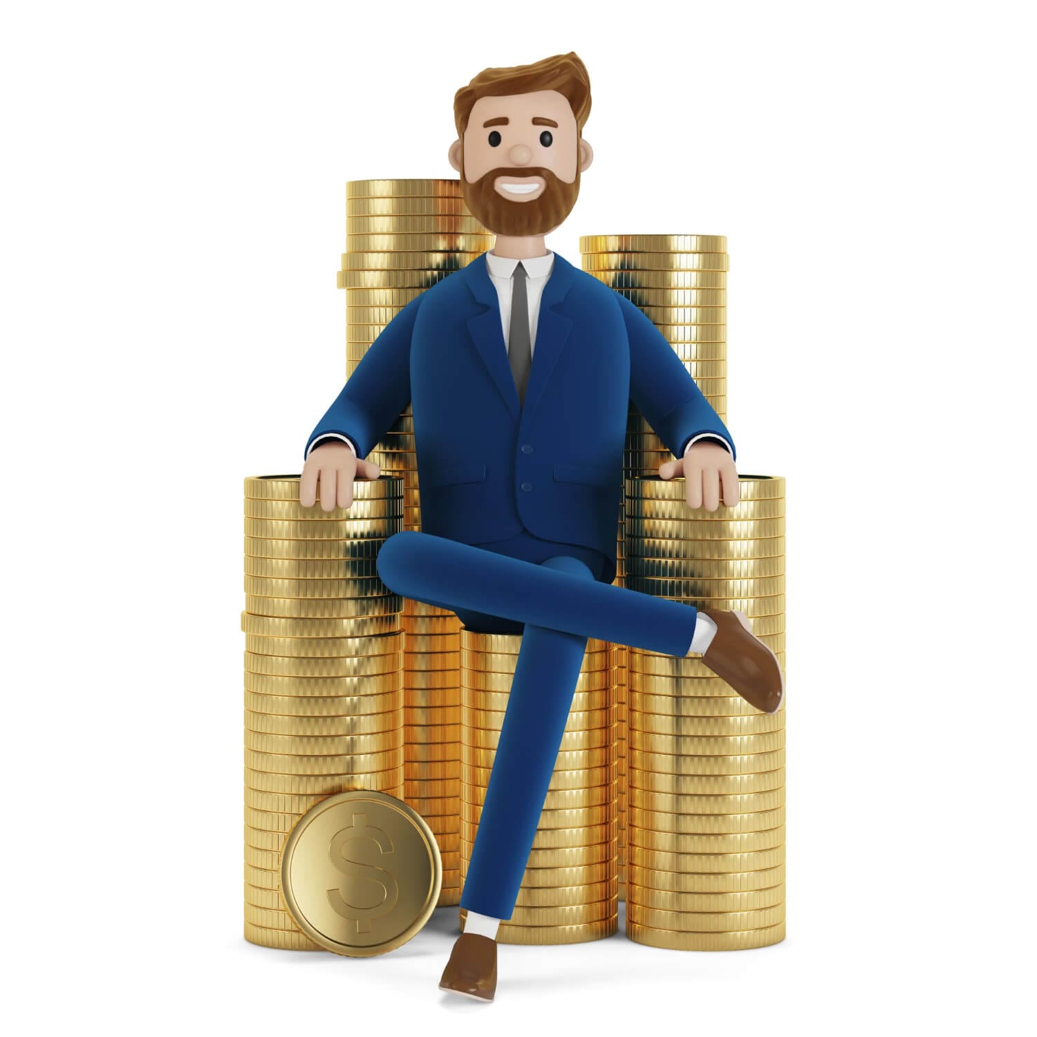 cartoon character sits stack money 3d illustration (1)