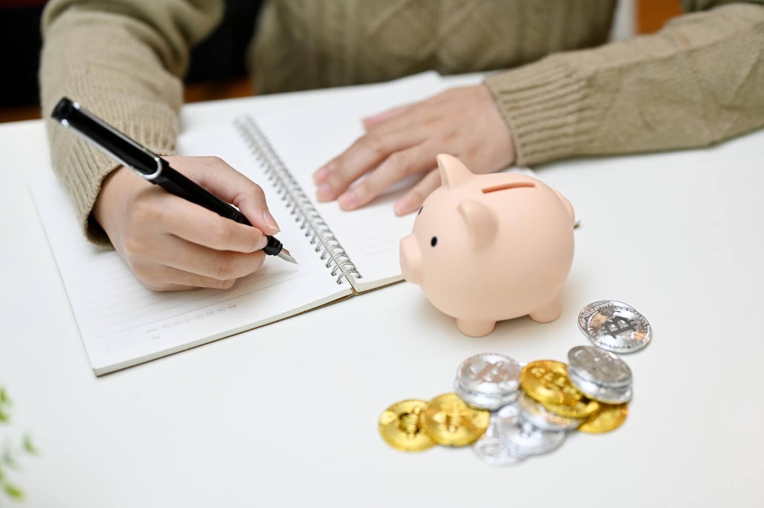 female planning her saving plan making her income expense accounts her cash book (1)