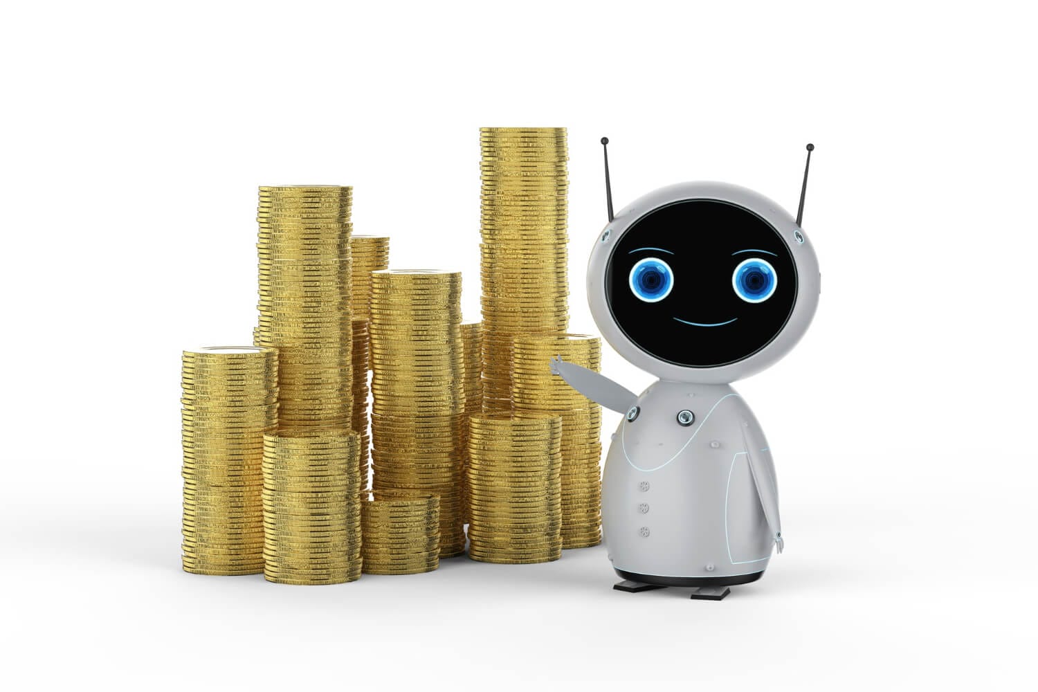 financial technology concept with 3d rendering robot hold stack coins (1)