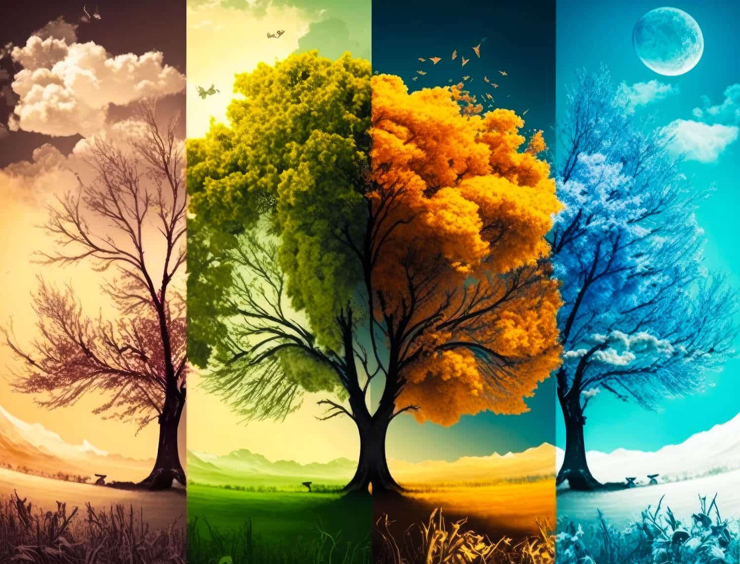 four colorful trees with different seasons background generative ai (1)