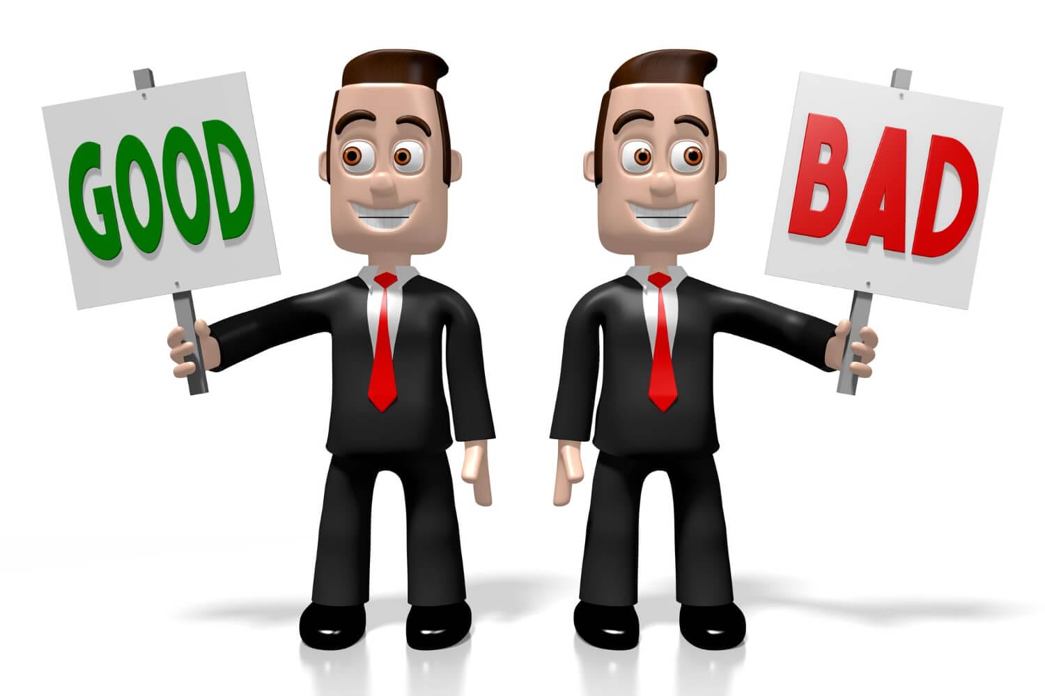 two cartoon businessmen hold good bad transparents 3d illustration (1)