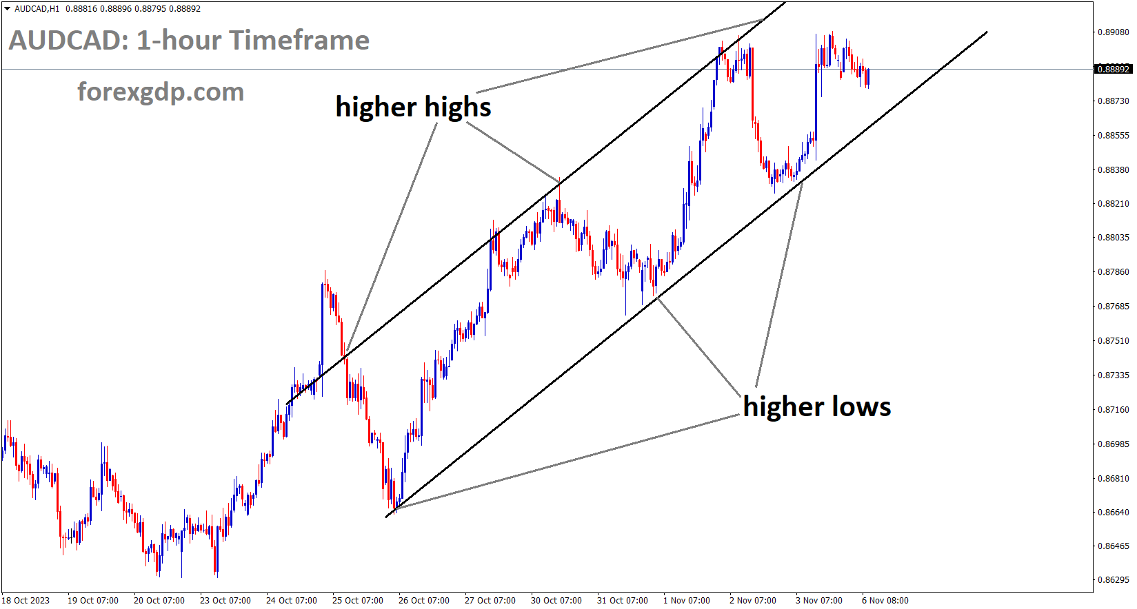 AUDCAD is moving in an Ascending channel and the market has reached the higher high area of the channel