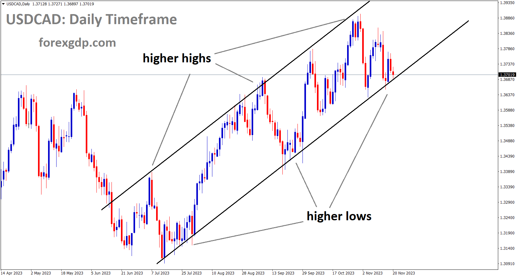 USDCAD is moving in an Ascending channel and the market has reached the higher low area of the channel