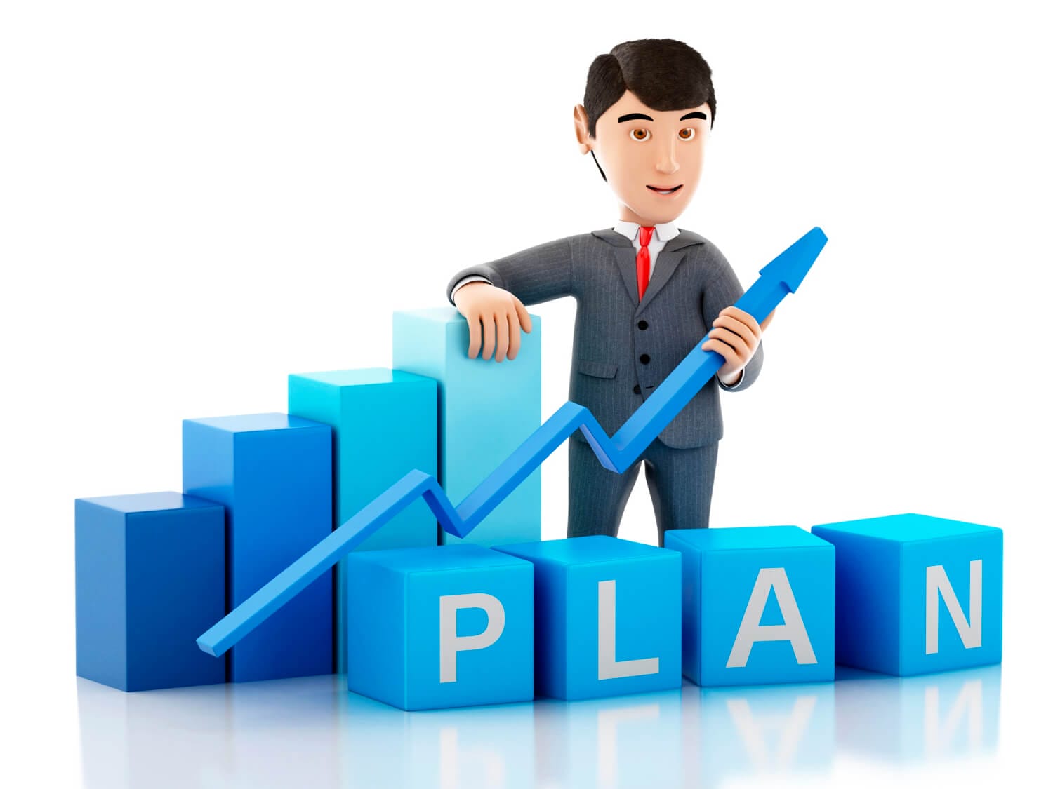3d businessman with growth graph word plan (1)