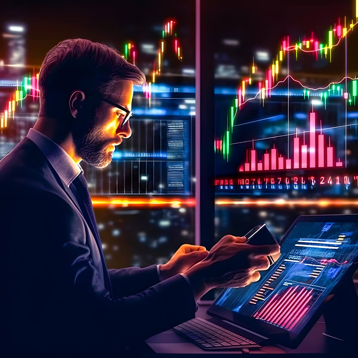 man sits front computer screen that says stock market (1)