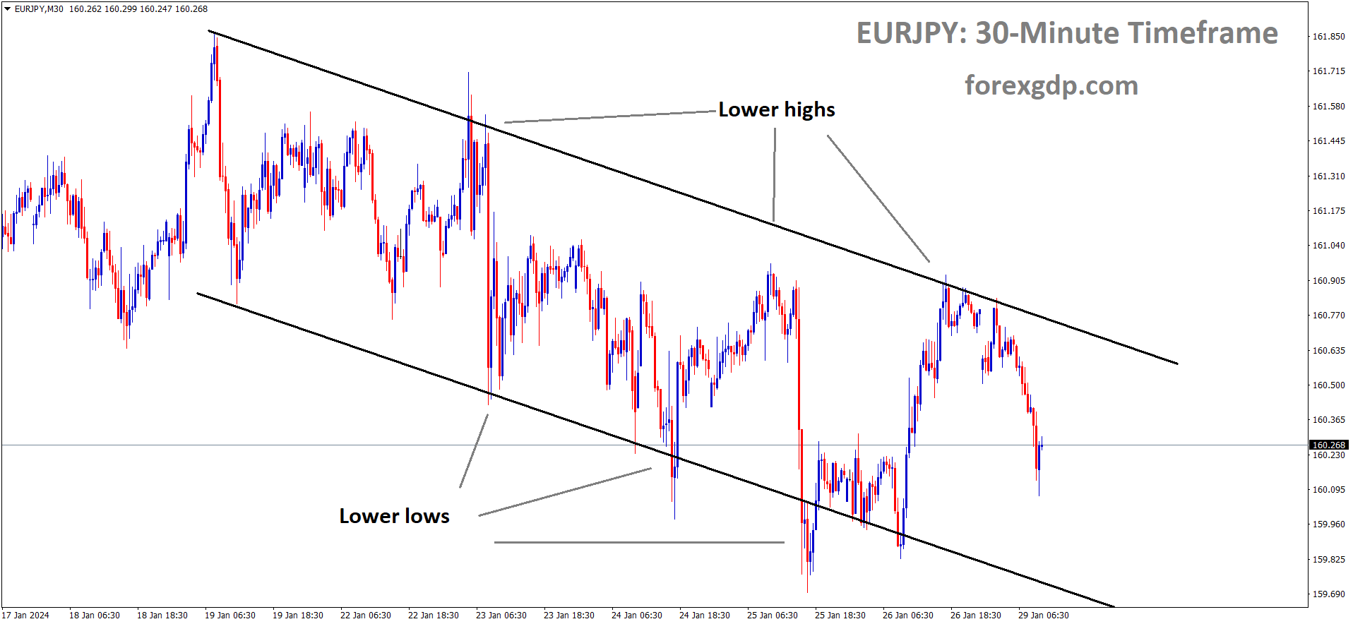 EURJPY is moving in the Descending channel and the market has fallen from the lower high area of the channel