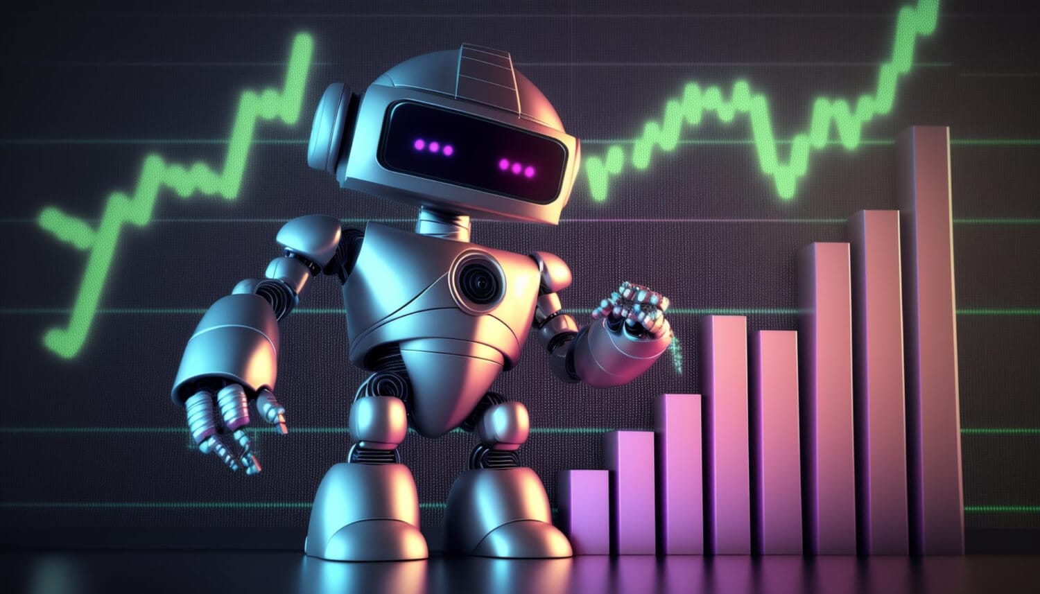 robot with graph showing stock chart background (1)