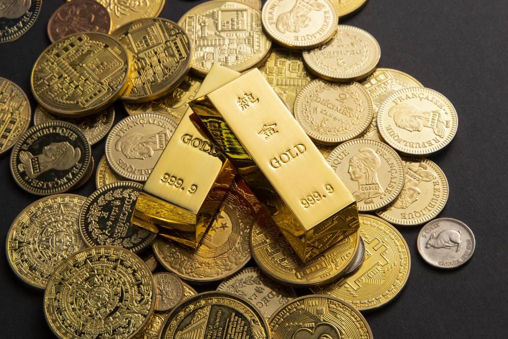 Coins, and gold bars