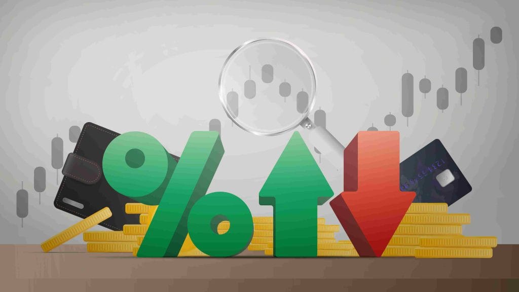 up and down arrows, gold coins, bank card, magnifier