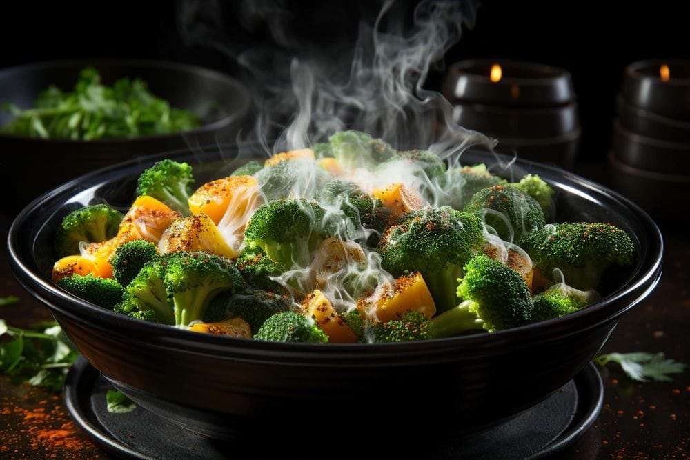 sweet potatoes and steamed broccoli.