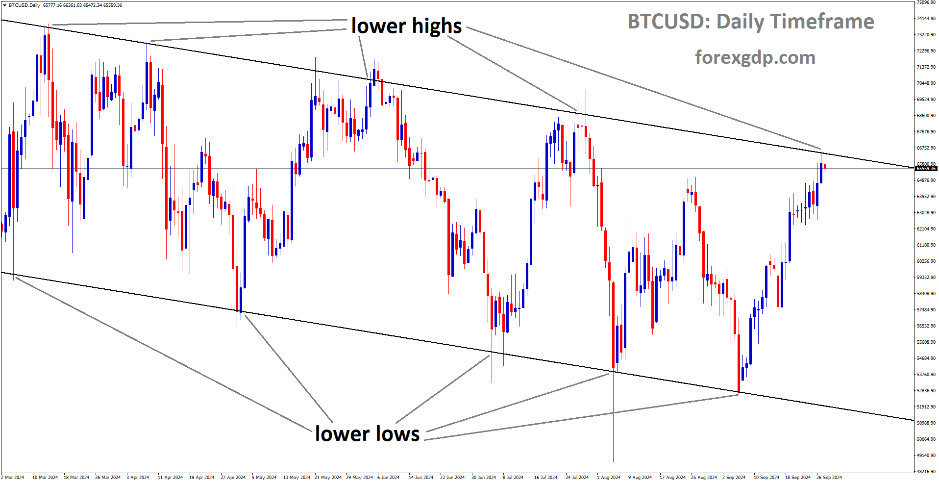 BTCUSD is moving in a descending channel, and the market has reached the lower high area of the channel
