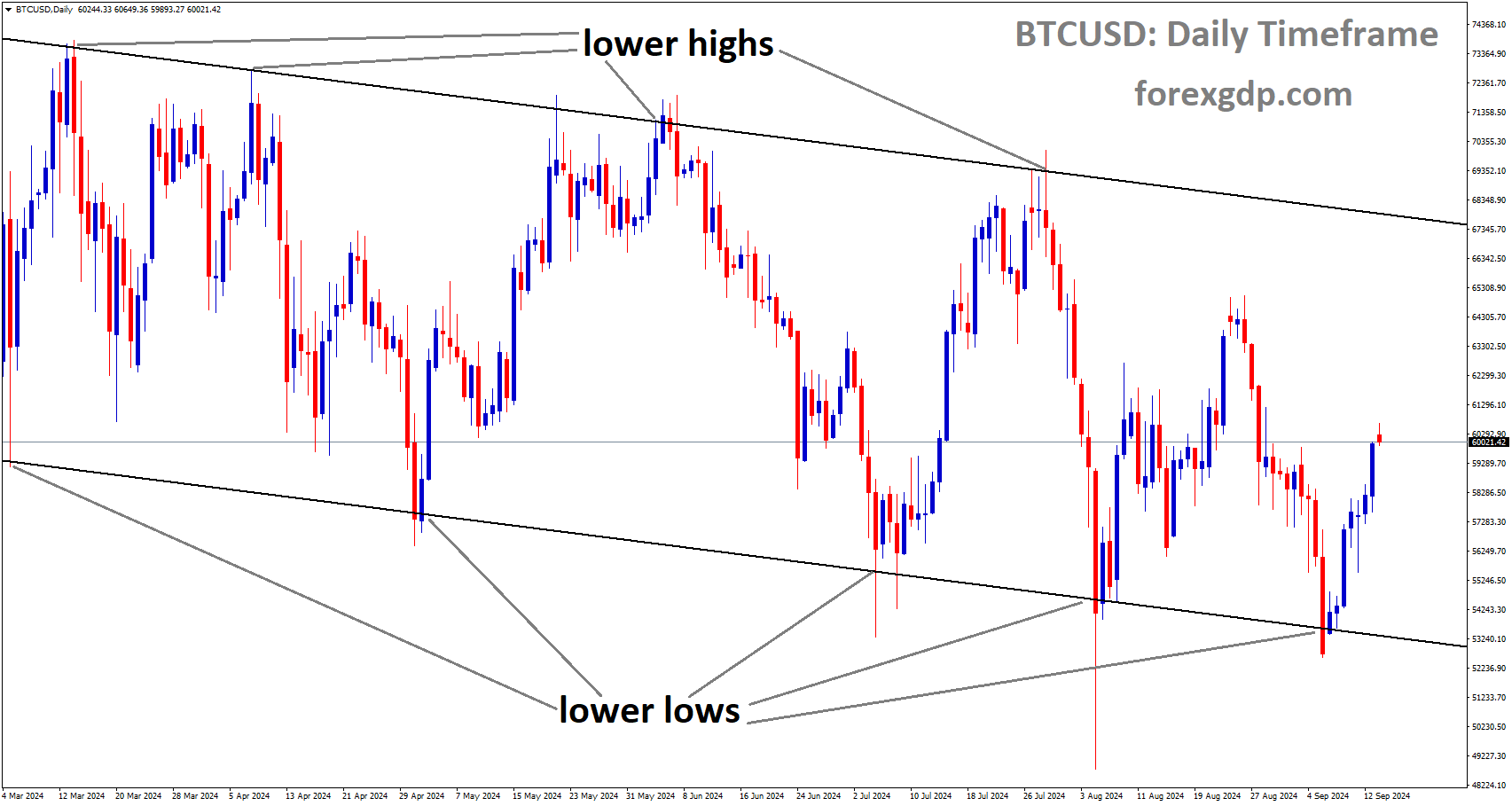 BTCUSD is moving in a descending channel, and the market has rebounded from the lower low area of the channel