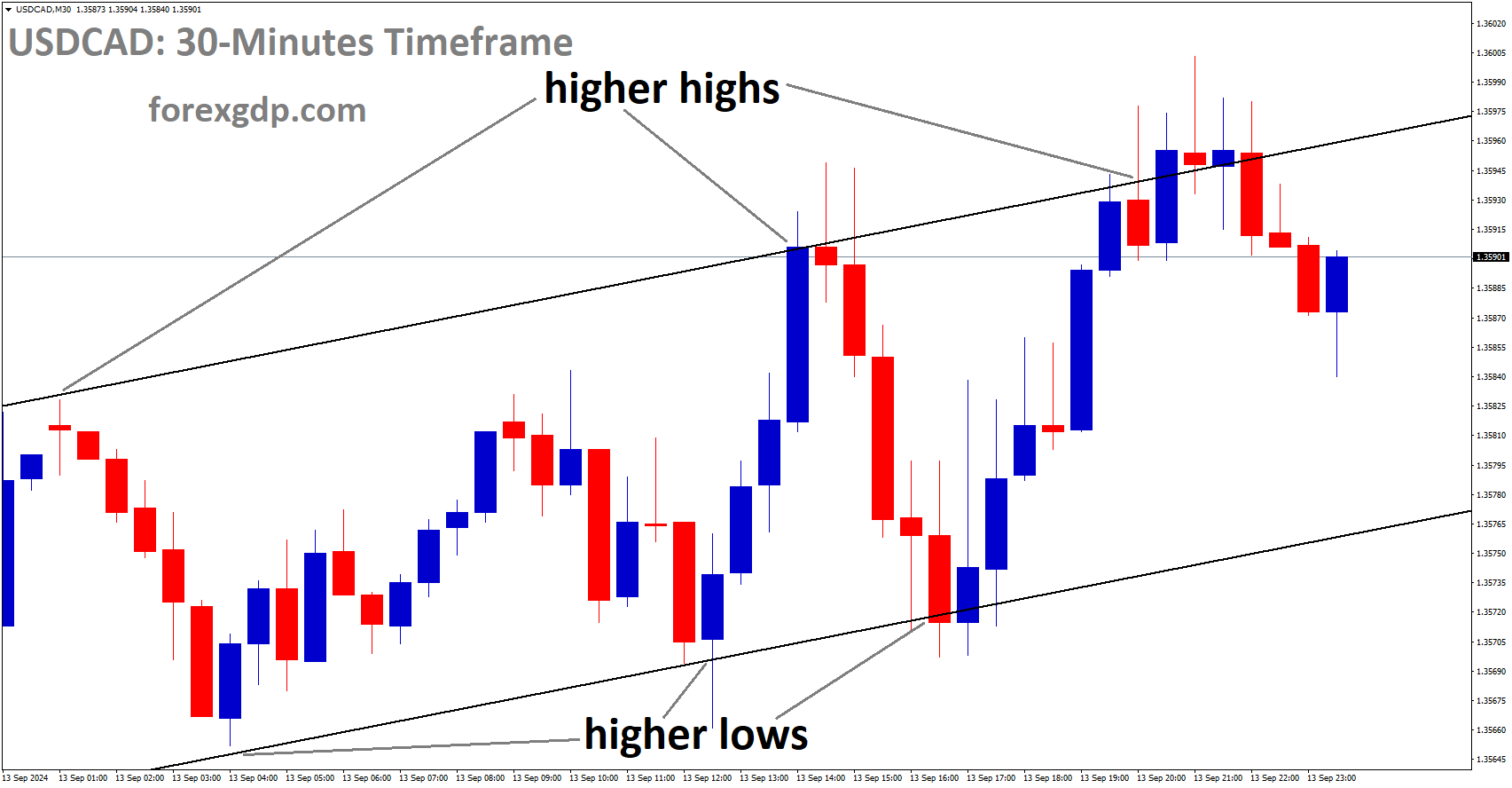 USDCAD is moving in an Ascending channel, and the market has fallen from the higher high area of the channel
