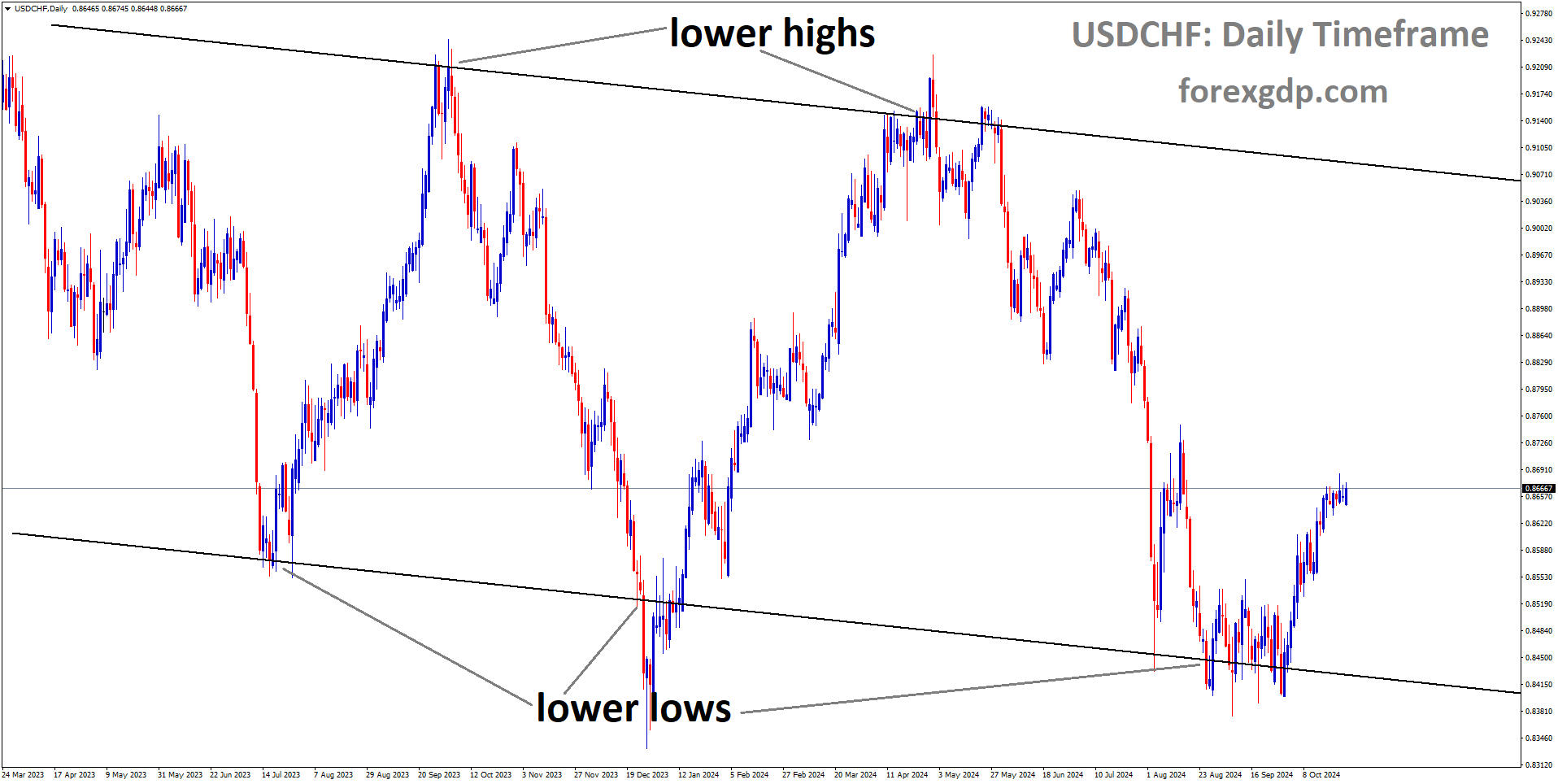 USDCHF is moving in a descending channel, and the market has rebounded from the lower low area of the channel