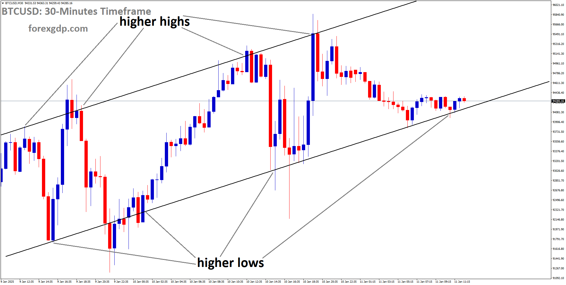 BTCUSD is moving in an Ascending channel, and the market has reached the higher low area of the channel