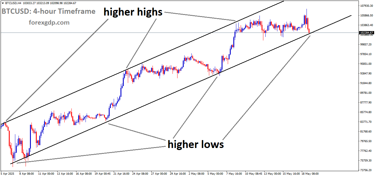 BTCUSD is moving in an Ascending channel, and the market has reached the higher low area of the channel