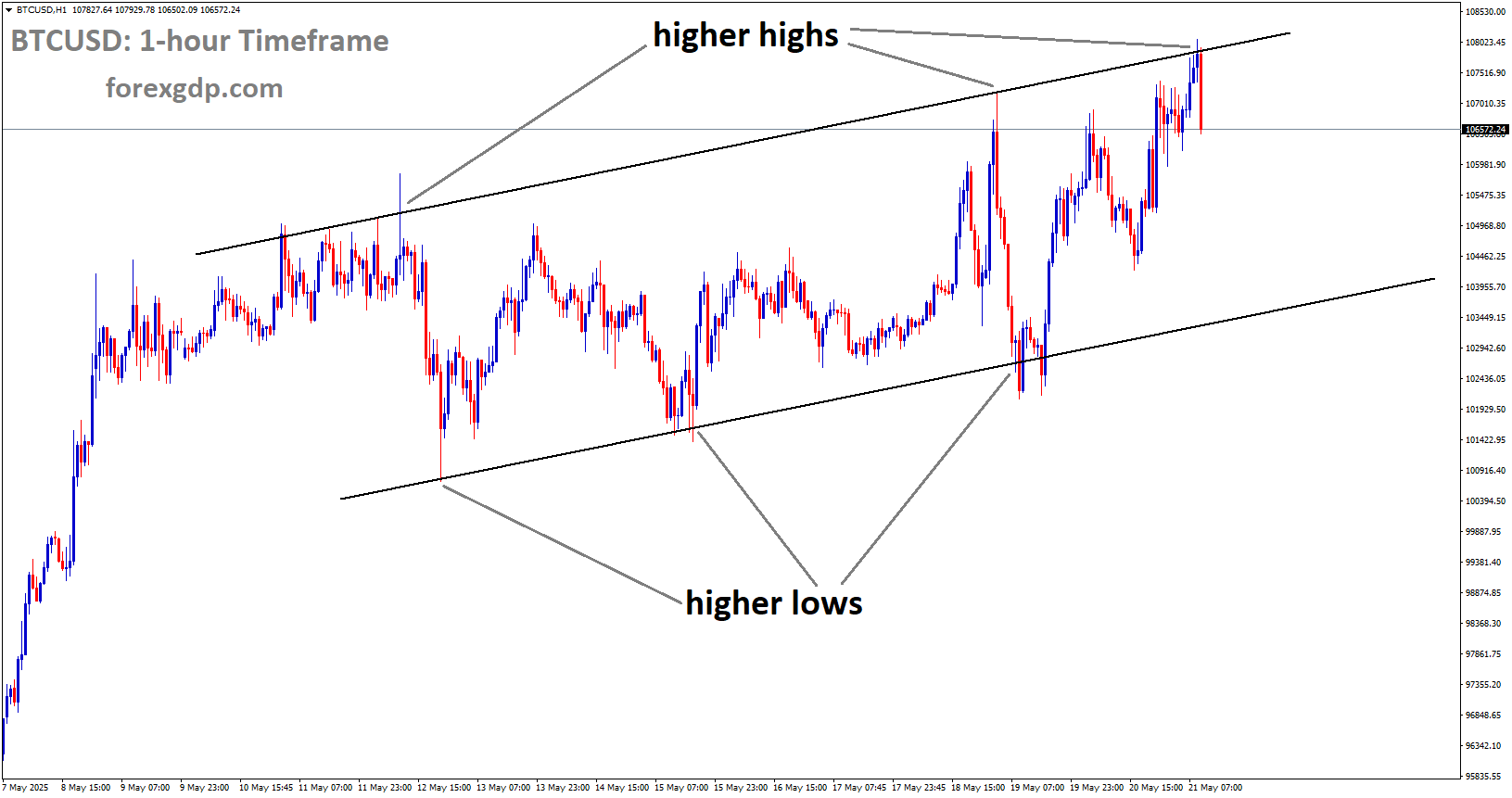 BTCUSD is moving in an uptrend channel, and the market has fallen from the higher high area of the channel